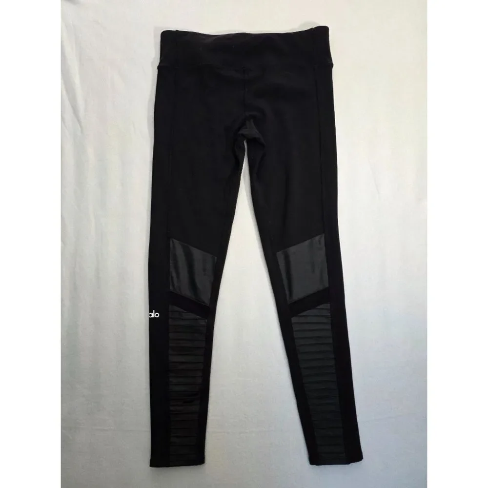 Alo Yoga Moto Leggings Black Ribbed Pintuck Mesh Panel Athleisure Women L
